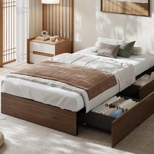 Vista 25 de Garvee Marco de cama individual, cama de plataforma de madera con diseño estriado Base de cama de perfil bajo, base de cama minimalista sin ruido