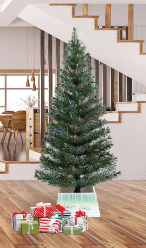 Vista 5 de Flexible Flyer Árbol de Navidad de fibra óptica preiluminado de 6 pies. Lápiz delgado multicolor LED Navidad artificial
