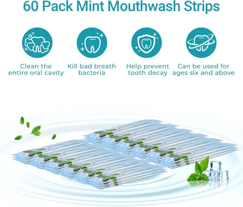 Vista 2 de Dincherbel Paquetes de enjuague bucal de viaje (60 unidades) – Lavado bucal de menta natural sin alcohol ni flúor – Paquetes individuales aprobados