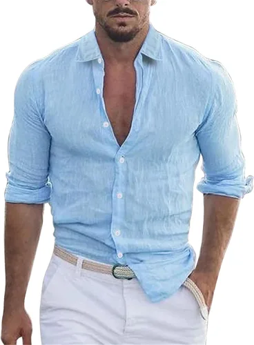 Vista 9 de Camisa de algodón y lino con botones para hombre, cuello de solapa de manga larga, estilo hippie casual para ropa de playa