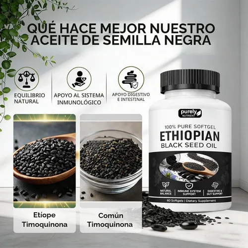 Vista 2 de Aceite de semilla negra etíope puramente nutritiva, cápsulas de aceite de semilla negra puramente etíope 4.64% timoquinona, cápsulas blandas