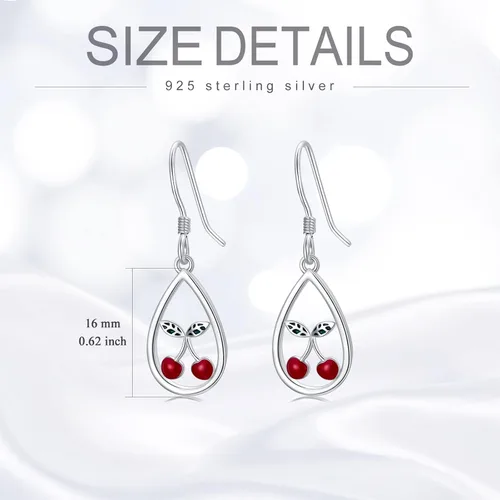 Vista 4 de NIFUNAO Aretes de cerezo de plata de ley con hoja verde y cereza roja, aretes colgantes de lágrima, aretes de fruta de cereza, regalos de joyería