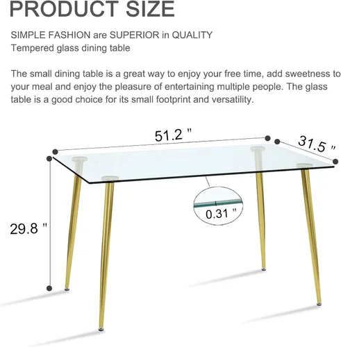 Vista 8 de Ebullient - Mesa de comedor rectangular de vidrio de 51 pulgadas para 4 a 6 años, moderna de mediados de siglo, con mesa de vidrio templado, patas