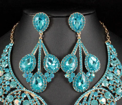 Vista 4 de Janefashions Peacock Feather Teal Austrian Rhinestone Crystal Statement Collar Pendientes Set Gargantilla Show Beauty Queen N820t, Cristal