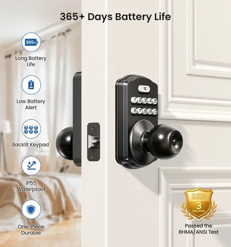 Vista 3 de Veise KS03 - Cerradura de perilla de puerta con teclado, cerradura digital de entrada sin llave con asa, perilla inteligente electrónica para puerta