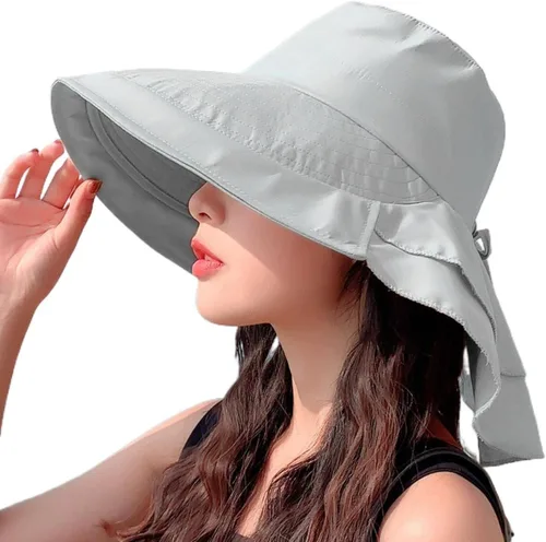 Vista 8 de Sombrero de sol para mujer, protección solar, ala ancha, plegable, sombrero de pescador, protección UV, con deflector de cuello Beige
