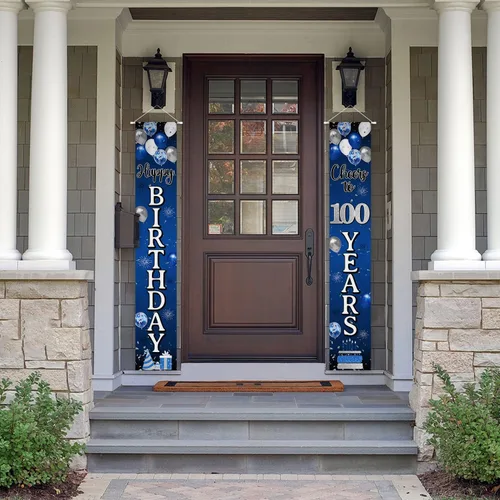 Vista 5 de Decoración de feliz cumpleaños número 100, globo azul y plateado para colgar en la puerta, cartel colgante para puerta – Suministros para fiesta