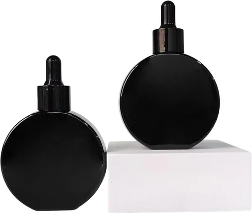 Vista 7 de Botellas transparentes con cuentagotas de 2 onzas, 6 botellas de vidrio plano redondas transparentes con cuentagotas para ojos, para sueros de Negro
