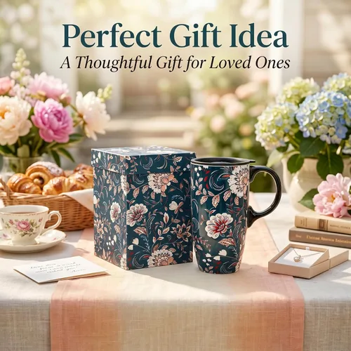 Vista 6 de DUSVALLY Taza de viaje de cerámica de 17 onzas con tapa, taza de café botánica vintage, taza de té floral azul con asa, apta para microondas