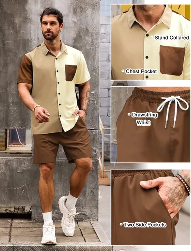 Vista 6 de LecGee Conjunto de 2 piezas de camisa y pantalones cortos de manga corta con botones para hombre