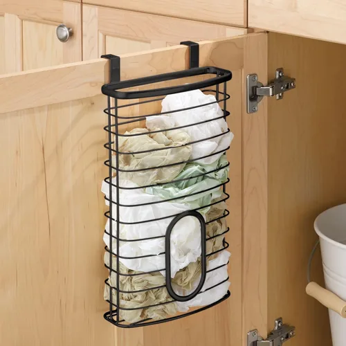 Vista 3 de mDesign Organizador de Almacenamiento Colgante de Gabinete de Acero Portador para Cocina, Despensa - Sostiene Bolsas de Plástico, Sándwich, Basura