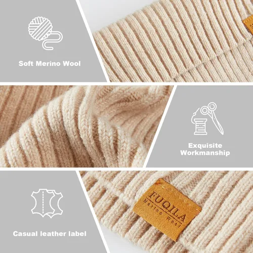 Vista 4 de FUQILA Gorro de punto 100% lana merina, unisex, cálido, suave, transpirable y acogedor, elástico