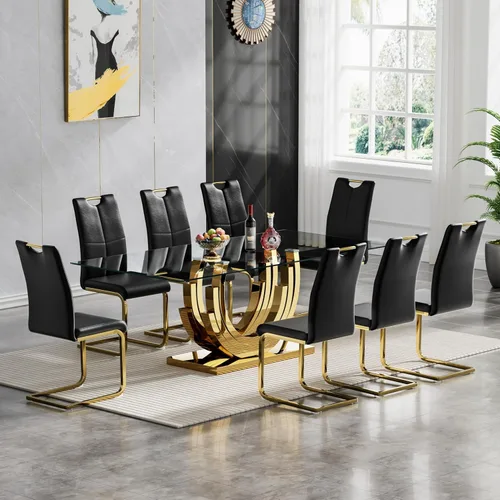 Vista 18 de Juego de mesa de comedor de cristal dorado moderno de 70 pulgadas para 4, juego de mesa rectangular de 5 piezas con base de acero en forma de anillo