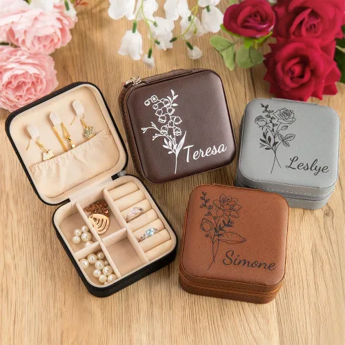 Vista 2 de callie Joyero personalizable con diseño de flor de nacimiento, regalo personalizado, pequeño joyero, organizador de viaje, organizador de viaje