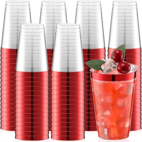 Vista 8 de Zubebe 100 vasos de plástico con borde de 14 onzas, vasos de vino desechables transparentes duros con borde, elegantes vasos de cóctel desechables