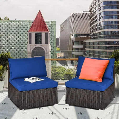 Vista 3 de Tangkula Juego de 2 sofás de mimbre para exteriores, sin brazos, juego de sofá modular de ratán para patio con 2 cojines de asiento gruesos y 2