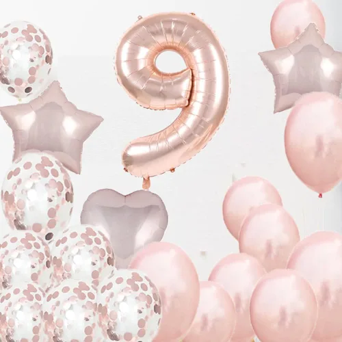 Vista 4 de Globo autoinflable del número 9 de 40 pulgadas, color oro rosa, 9º cumpleaños Globos de látex para decoración de 9º cumpleaños para mujeres