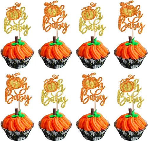 Vista 13 de Paquete de 24 adornos para cupcakes de calabaza con purpurina para cupcakes de calabaza para Acción de Gracias, baby shower, decoración de cupcakes