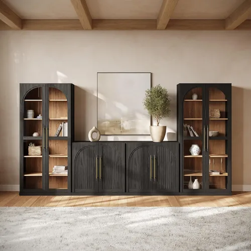 Vista 46 de BELLEZE Centro de entretenimiento modular de 4 piezas con almacenamiento, 2 vitrinas de madera moderna con gabinete arqueado y 2 armarios de puerta