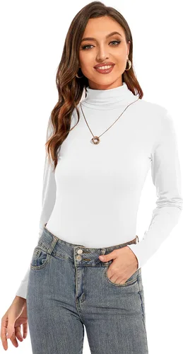 Vista 3 de Camiseta de manga larga con cuello alto para mujer, casual, ligera, ajustada, acogedora capa base, Blanco