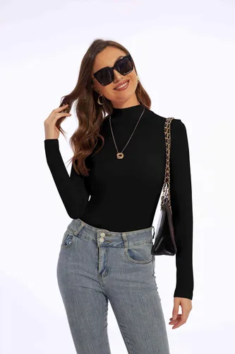 Vista 9 de Zephyrine Camisa ligera de manga larga para mujer, cuello alto, ligera, ajustada, capa base