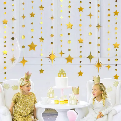 Vista 4 de Guirnalda de papel dorada para decoración de fiesta con estrellas, círculos y puntos, papel brillante, banderines, serpentinas metálicas