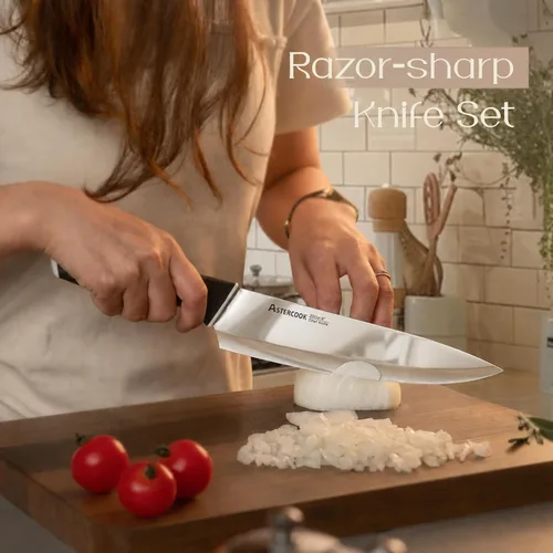 Vista 2 de Astercook Juego de cuchillos, cuchillos de cocina con bloque y afilador, revestimiento de cerámica, 15 unidades, cuchillos alemanes de acero