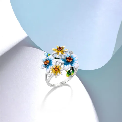 Vista 4 de Santuzza Anillo de plata de ley 925 con diseño de flores esmaltadas para mujer