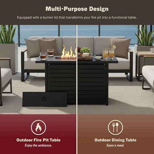 Vista 5 de Mazatzal Mesa para fogata de propano de 42 pulgadas, 60,000 BTU para exteriores con tapa, cubierta climática, roca de lava, hoguera rectangular