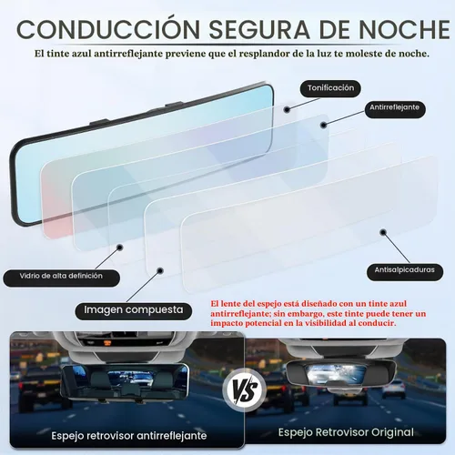 Vista 2 de Espejo retrovisor antirreflejo, universal de 11,3 pulgadas (287 mm), espejo retrovisor panorámico gran angular convexo, clip en el original
