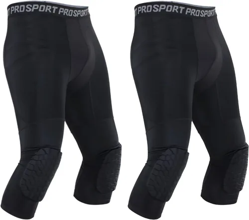 Vista 6 de Paquete de 2 pantalones de baloncesto para hombre con rodilleras 3/4 capri acolchadas, mallas de compresión deportivas, capa base atlética
