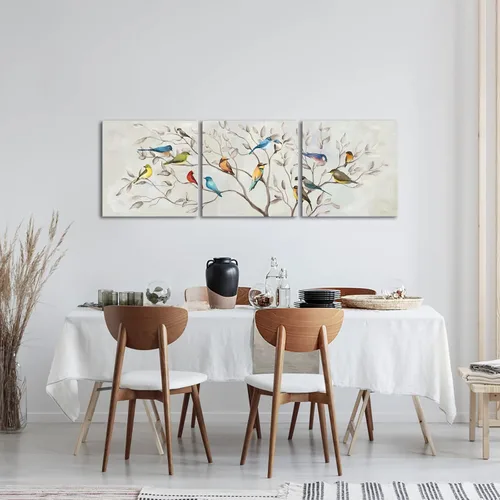Vista 3 de KREATIVE ARTS Lienzo cuadrado de 3 piezas de arte de pared de pájaros en ramas de árbol, impreso en decoración contemporánea del hogar y dormitorio