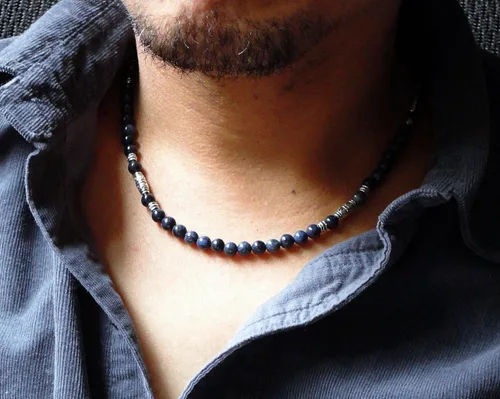 Vista 19 de Mami's Gem Studio Collar de cuentas para hombre, hecho a mano en Estados Unidos, piedras preciosas de 0.236 pulgadas y peltre estilo tribal