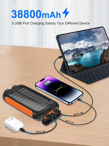 Vista 2 de Cargador solar de 38800 mAh, impermeable, portátil, con linterna LED, batería externa de carga rápida USB C, compatible con exteriores, campamento