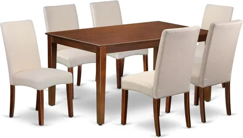 Vista 7 de HomeStock El juego de mesa de comedor moderno de 7 piezas consta de una mesa rectangular de madera y 6 sillas tapizadas de tela de lino café, 36 x