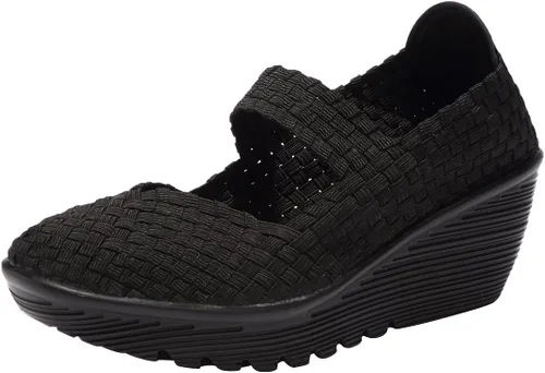 Vista 11 de EnllerviiD - Sandalias de cuña Mary Jane para mujer, zapatos de plataforma con bombas elásticas, cómodos para el trabajo y uso casual 669negro