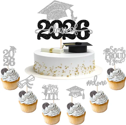 Vista 14 de Paquete de 24 adornos para cupcakes de clase de 2026 con purpurina 2026 para diploma de graduación 2026, selecciones para cupcakes para graduación