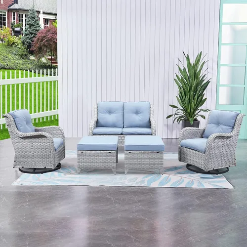 Vista 134 de HUMMUH Juego de 2 Sillas Giratorias Mecedoras de Mimbre para Patio Exterior, Juego de Muebles de Sillas Mecedoras de Ratán (Marrón, Azul) 50,000