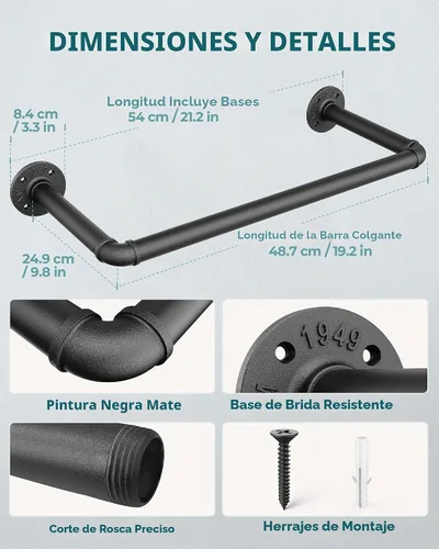 Vista 4 de OROPY Perchero industrial de tubería de 21.2 pulgadas, juego de 2, barra de ropa de hierro negro resistente para montaje en la pared, barra