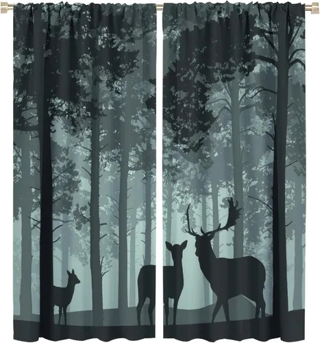 Vista 45 de Cortinas opacas con diseño de ciervos, bosque brumoso, rústico, vida silvestre, alce, montaña, pájaros, pino, bosque, cortinas de ventana
