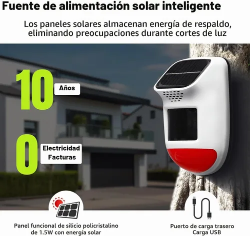Vista 2 de Alarma Solar con Sensor de Movimiento - Sirena de Seguridad Impermeable IP65 de 120dB con Control Remoto y Luz Estroboscópica, 3 Modos