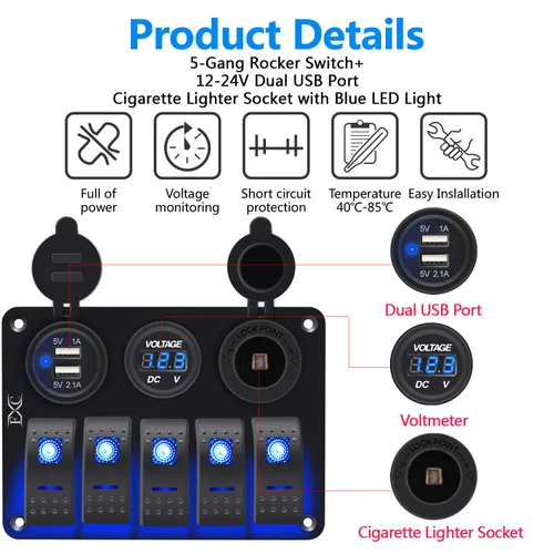 Vista 3 de FXC Interruptor basculante de barco marino impermeable, panel de aluminio de 5 segmentos con ranura USB dual 3.1A + medidor de voltios, luz LED azul