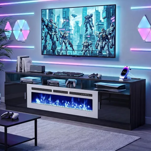 Vista 14 de MXV - Soporte de TV con chimenea de 70 pulgadas con toma de corriente para televisores de hasta 80 pulgadas, centro de entretenimiento con chimenea