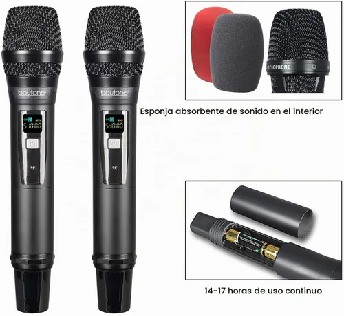 Vista 2 de Boytone Sistema de micrófono inalámbrico UHF dinámico fijo dual, micrófono y base de metal, hasta 260 pies (BT-54UM)