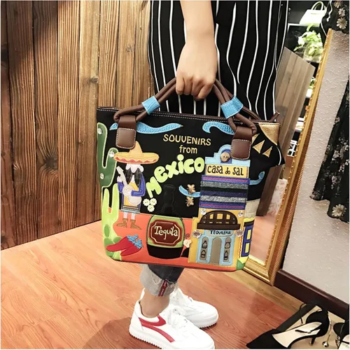 Vista 6 de Bolso tote para mujer, bolso de hombro de color, bolsa de lona bordada a mano, bolsa cruzada adecuada para ocasiones importantes, trabajo, viajes