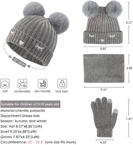 Vista 2 de Toddler Boys Girls Winter Warm Knit Beanie Hat Neck Scarf Touchscreen Gloves with Fleece Lined Cap for 3-10 Year Kid Gifts