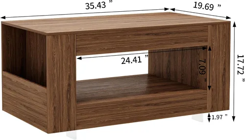 Vista 2 de Mesa de centro con estante abierto, mesa de cóctel moderna de alto brillo para sala de estar, dormitorio, oficina, acabado de grano de madera, marrón