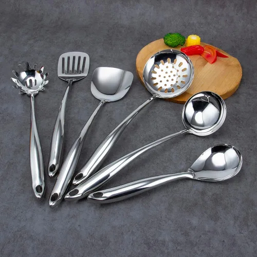 Vista 7 de VALESKA Juego de 6 utensilios de cocina de acero inoxidable, juego de utensilios de cocina de metal, incluye espátula Wok de acero inoxidable