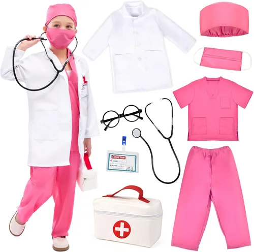 Vista 7 de Disfraz de médico para niños, kit de juego de simulación con abrigo de laboratorio, bolsa de transporte, accesorios de Halloween para niños y niñas