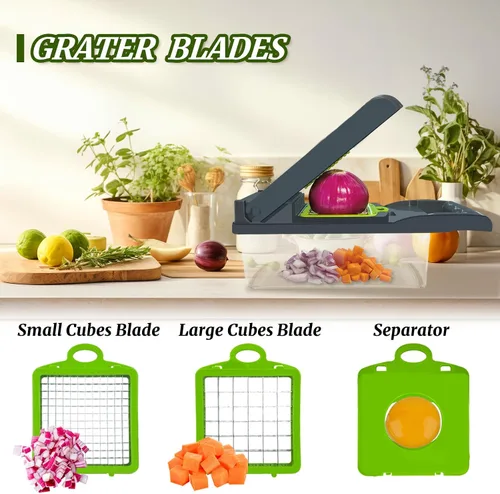 Vista 3 de Picador de verduras, multifuncional 14 en 1, picador de verduras de cocina con 8 cuchillas, cortador de cebolla profesional, cortador de verduras